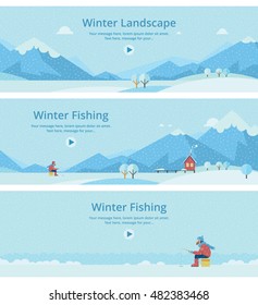 A Man On The Ice Fishing. House On Mountain Lake Landscape.