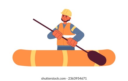 Man on inflatable boat rowing flat concept vector spot illustration. Rescue operation. Lifeguard 2D cartoon character on white for web UI design. Isolated editable creative hero image