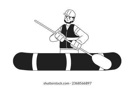 Man on inflatable boat rowing monochrome concept vector spot illustration. Rescue operation. Lifeguard 2D flat bw cartoon character for web UI design. Isolated editable hand drawn hero image