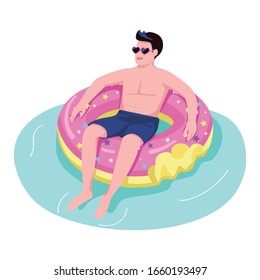 Man on inflatable donut flat color vector faceless character. Male tourist floating on water. Person in sunglasses at pool party. Guy swim on air mattress isolated cartoon illustration