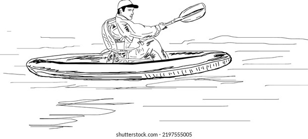 Man on Inflatable kayak boat outline sketch drawing, Kayak Sprint Sportsman Games line art vector illustration silhouette