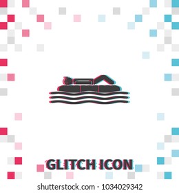 Man on inflatable mattress  glitch effect vector icon.