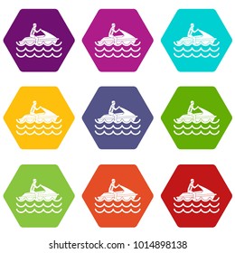 Man on jet ski rides icon set many color hexahedron isolated on white vector illustration