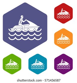Man on jet ski rides icons set rhombus in different colors isolated on white background