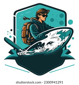 Man on jet ski. Water sports and fun in summer. vector illustration, isolated background, label, sticker