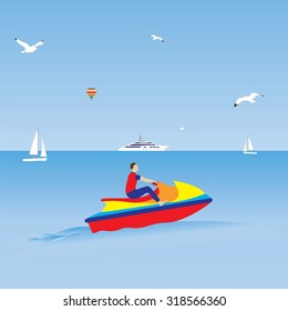 Man on a jet ski. Water sports. Summer vacation. Illustration, elements for design.