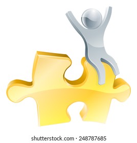 Man on jigsaw piece concept of a happy mascot man with arms raised seated on a jigsaw piece