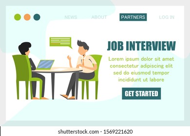 Man on a job interview vector isolated. Design of the web banner, web page template. Business people, candidate for a job. HR at computer, office work. Recruitment manager.