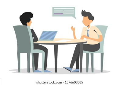 Man on a job interview vector isolated. Business people at the desk, candidate for a job. HR at computer, office work. Recruitment manager.