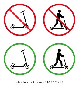 Man on Kick Scooter Forbidden Pictogram. Permit Person on Trotinette Green Circle Symbol. No Allowed Push Wheel Sign. Entry with Eco Transport Black Silhouette Icon Set. Isolated Vector Illustration.