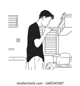 man on the kitchen, social distancing because coronavirus, man vector outline graphic illustration