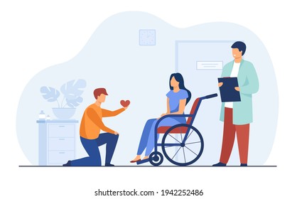 Man on knee giving heart to woman in wheelchair. Hospital, doctor, love flat vector illustration. Relationship and disability concept for banner, website design or landing web page