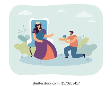 Man on knee giving precious ring to queen, proposing marriage. Woman in crown sitting on throne flat vector illustration. Engagement, gift concept for banner, website design or landing web page