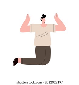 Man on knee with hands up praising on white background
