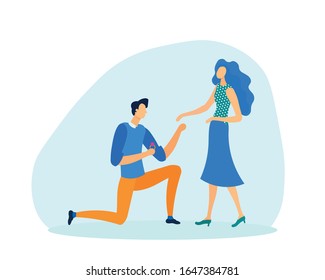 Man on Knee Making Marriage Proposal to Woman Outdoor Flat Cartoon Vector Illustration. Boy in Love Giving Ring to Girl. Happy Couple Getting ready for Wedding. Engagement and Love Relationship.