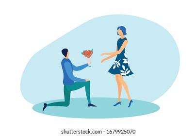 Man on Knee Making Marriage Proposal to Woman with Bouquet Flat Cartoon Vector Illustration. Boy in Love Giving Flowers. Happy Couple Getting ready for Wedding. Engagement and Love Relation.
