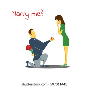 Man on knee proposing to woman with marry me lettering. Cartoon illustration.
