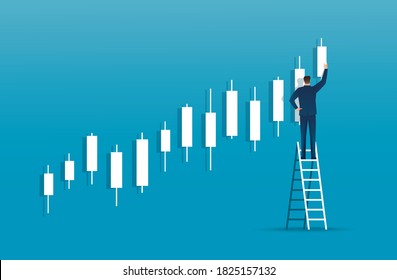 hombre en escalera con fondo de carta de candlestick, concepto de mercado de valores