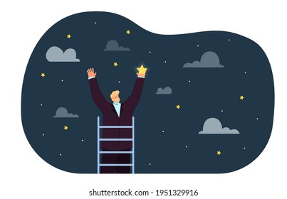 Man on ladder catching star. Dream or wish of success in career flat vector illustration. Achievement, hope, success, reaching goal, business concept for banner, website design or landing web page