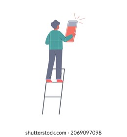 Man on Ladder Holding Battery Charge for Smartphone Vector Illustration