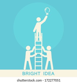 Man on a Ladder Holding a Light bulb. Support and Teamwork Concept