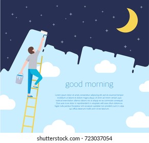 A man on a ladder are holding a roll brush and painting over night sky of the blue sky with white clouds. Good morning concept illustration. Allegory the change of time of day. Place for your text. 