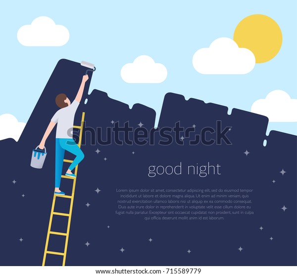 A man on a ladder are holding a roll brush and painting\
over the blue sky of the night starry sky. Good night concept\
illustration. Allegory the change of time of day. flat style place\
for your text. 