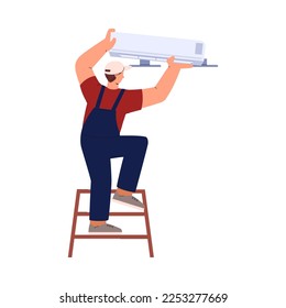 Man on ladder installing air conditioner, flat vector illustration isolated on white background. Professional AC maintenance service technician. Repairman repairing broken cooling system.