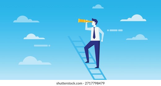 Um homem está numa escada olhando por um telescópio no céu. Ele está procurando oportunidades e sucesso. O estilo é ilustração de desenho animado.