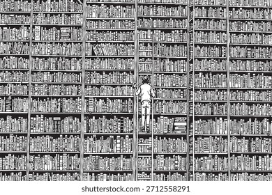 Man on Ladder in Massive Library Bookshelves – Black and White Illustration