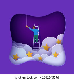 Man on a ladder to pick the gold star above cloud in paper cut style. Papercut businessman climbing on ladder and trying to catch dream star. Follow your dreams vector motivational poster concept