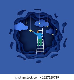 Man on a ladder to pick the star above cloud in paper cut style. Papercut businessman climbing on ladder to sky and trying to catch dream star. Follow your dreams vector motivational poster concept