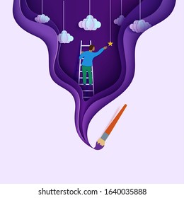 Man on a ladder to pick the star in cloudy sky paper cut style. Papercut paintbrush draw cutout businessman climbing on ladder to sky and trying to catch dream star. Vector motivational poster