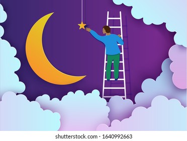 Man on a ladder to pick the star above cloud and moon in paper cut style. Papercut businessman climbing on ladder and trying to catch dream star. Follow your dreams vector motivational poster concept