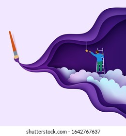 Man on a ladder to pick the star above cloud in paper cut style. Papercut paintbrush draw cutout businessman climbing on ladder to sky and trying to catch dream star. Vector motivational poster.