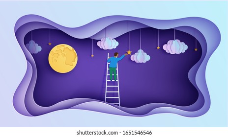 Man on a ladder to pick the star above cloud and moon in paper cut style. Papercut businessman climbing on ladder and trying to catch dream star. Follow your dreams vector motivational poster concept