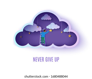Man on a ladder to pick the star in the cloud night sky paper cut style. Papercut businessman climbing on ladder and trying to catch dream star. Follow your dreams vector motivational poster concept.