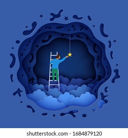 Man on a ladder to pick the star above cloud in paper cut style. Papercut businessman climbing on ladder to sky and trying to catch dream star. Follow your dreams vector motivational poster concept