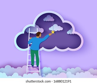 Man on a ladder to pick the star above cloud in paper cut style. Papercut businessman climbing on ladder and trying to catch dream star on night. Follow your dreams vector motivational poster concept.