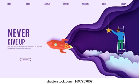 Man on a ladder to pick the star above cloud and red rocket in paper cut style. Cut 3d vector website template with flying ship papercut businessman climbs the stairs to the sky to get a star