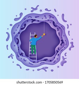 Man on a ladder to pick the star above cloud and moon in paper cut style. Papercut businessman climbing on ladder and trying to catch dream star. Follow your dreams vector motivational poster concept