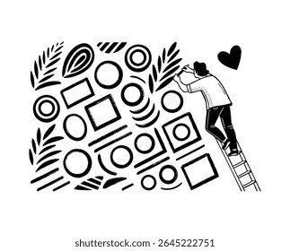 A man on a ladder reaching for a heart, surrounded by abstract geometric shapes and leaves, isolated on a white background. Modern design.
