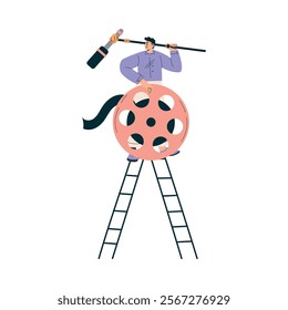 Man on Ladder with Reel and Microphone at Shooting Film Movie Production Scene Vector Illustration