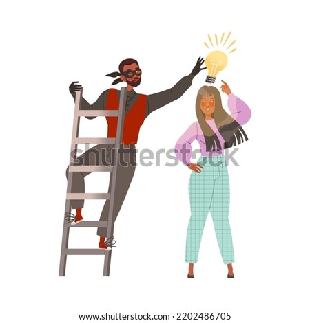 Man on Ladder Stealing Light Bulb from Woman Head as Smart Idea and Solution Vector Illustration