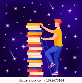 Man on the ladder taking a book. Night sky with stars background. Reading, studying concept. Vector illustration in cartoon style.