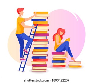 Man on the ladder taking a book, woman seating on the books and reading. Reading, studying concept. Isolated vector illustration in cartoon style.