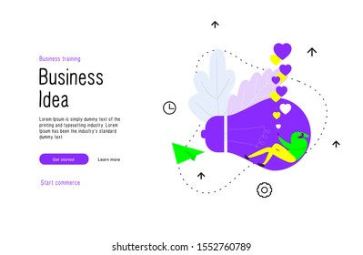 Man on Lamp. Commerce space. Human make business and develop trade talent. Receives money from passive work. Good ideas with full color design in awesome style. Vector isolated illustration.