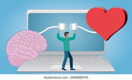 Hombre en portátil conectando cerebro y corazón. Dimensión 16:9. Ilustración vectorial.