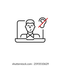 Man on laptop and ear crossed. User audio muted. Pixel perfect, editable stroke vector icon