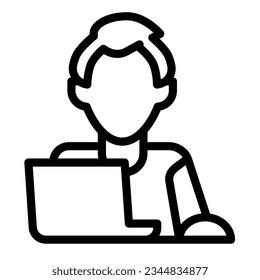 Man on laptop with mouse, freelancer, programmer line icon, work concept, employee vector sign on white background, outline style icon mobile concept web design. Vector graphics.